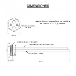 Resistencia electrica  2000W / 3000W RECO (italiana) c/ rosca de 1-1/4" c/ termostato unipolar p/ Termotanque Solar